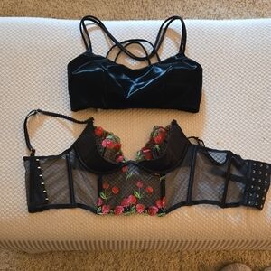 Victoria's Secret Black Mesh Lingerie with Floral Accents Bundle